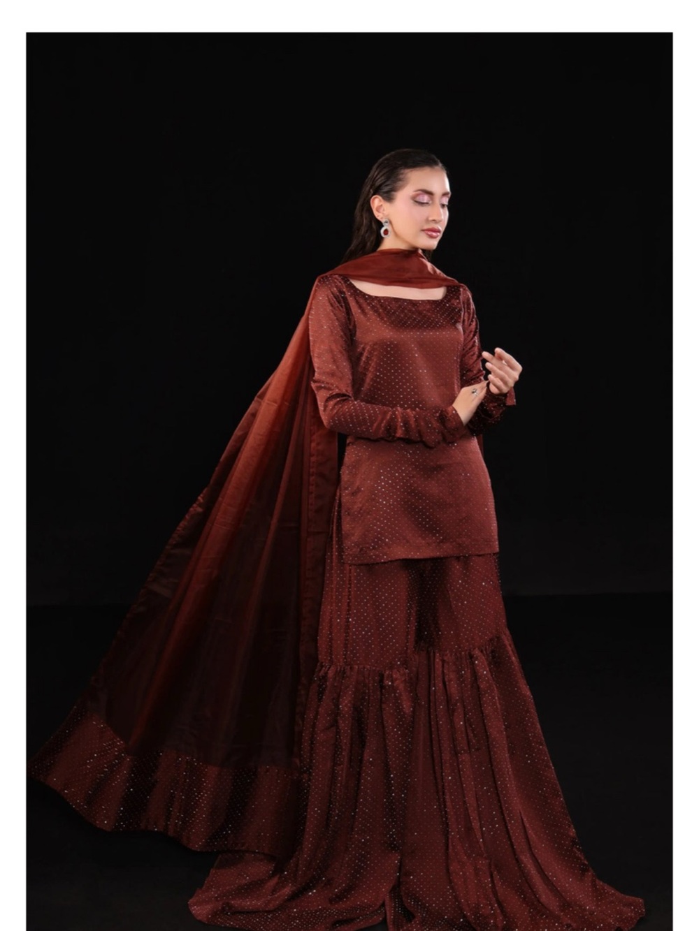 Women Palazzo Pants Set in Deep Brown with Matching Dupatta